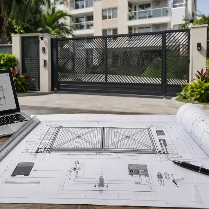 Projeto de portão sobre a mesa em frente à entrada de um condomínio