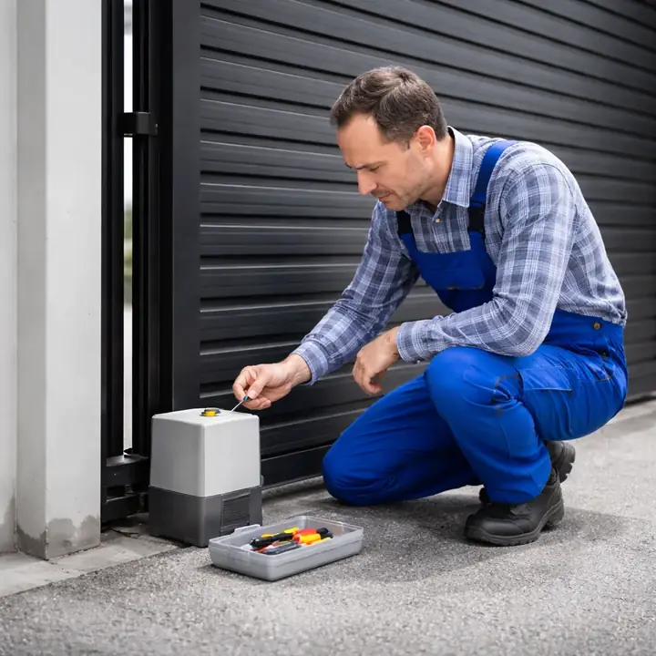 Técnico ajoelhado instalando o motor de um portão