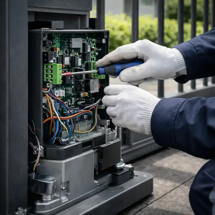 Técnico com luvas ajustando a placa eletrônica de um motor de portão